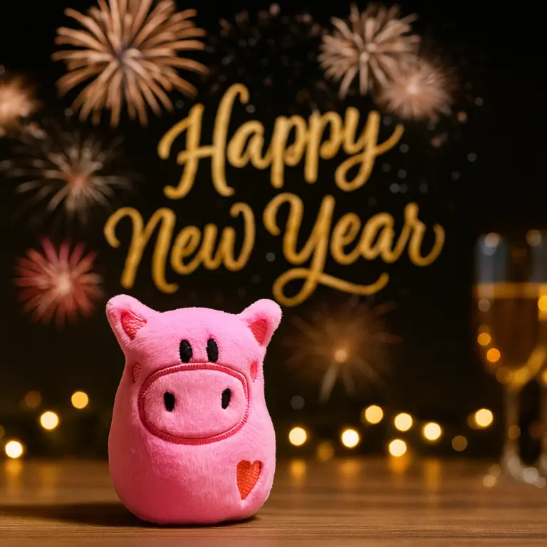 Rosa Glücksschwein aus Plüsch mit Herzstickerei, stehend auf Holztisch vor festlicher Silvesterkulisse mit Feuerwerk und Neujahrsgruß im Hintergrund