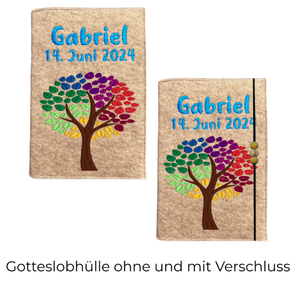 Gotteslobhülle aus Filz mit Baum des Lebens, Datum und praktischem Verschluss.