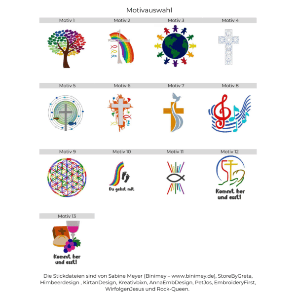 Übersicht aller Stickmotive zur Auswahl für personalisierte Gotteslobhülle aus Filz.
