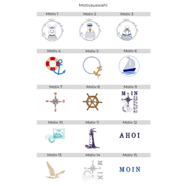 Übersicht maritimer Stickmotive für die Lichtbeutel mit maritimen Motiven