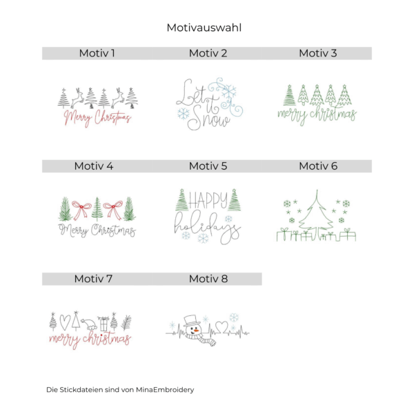 Übersicht der Stickmotive für Lichtbeutel mit weihnachtlichen Motiven