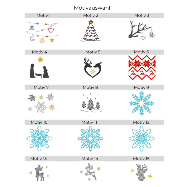 Übersicht aller Designs für Lichtbeutel mit Weihnachts-Motiven – von Schneeflocken bis Rentieren