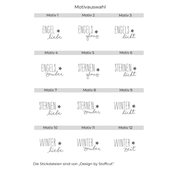 Vorschau von Stickmotiven für Lichtbeutel mit winterlichen Schriftzügen zur Auswahl im Shop