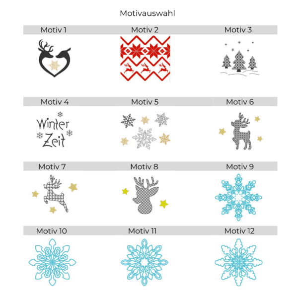 Lichtbeutel mit Winter-Motiven – Übersicht aller verfügbaren winterlichen Stickmotive zur Auswahl