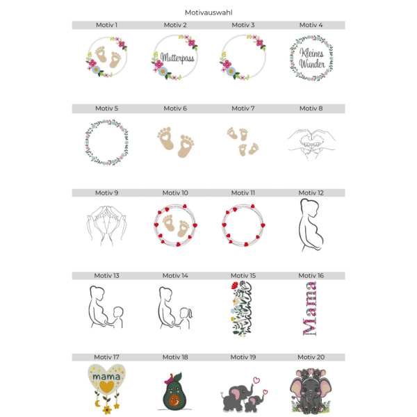 Motivübersicht mit verschiedenen Stickmotiven für eine personalisierte Mutterpasshülle aus Filz, darunter florale Kränze, Babyfüßchen, schlichte Silhouetten und liebevolle Tierillustrationen.