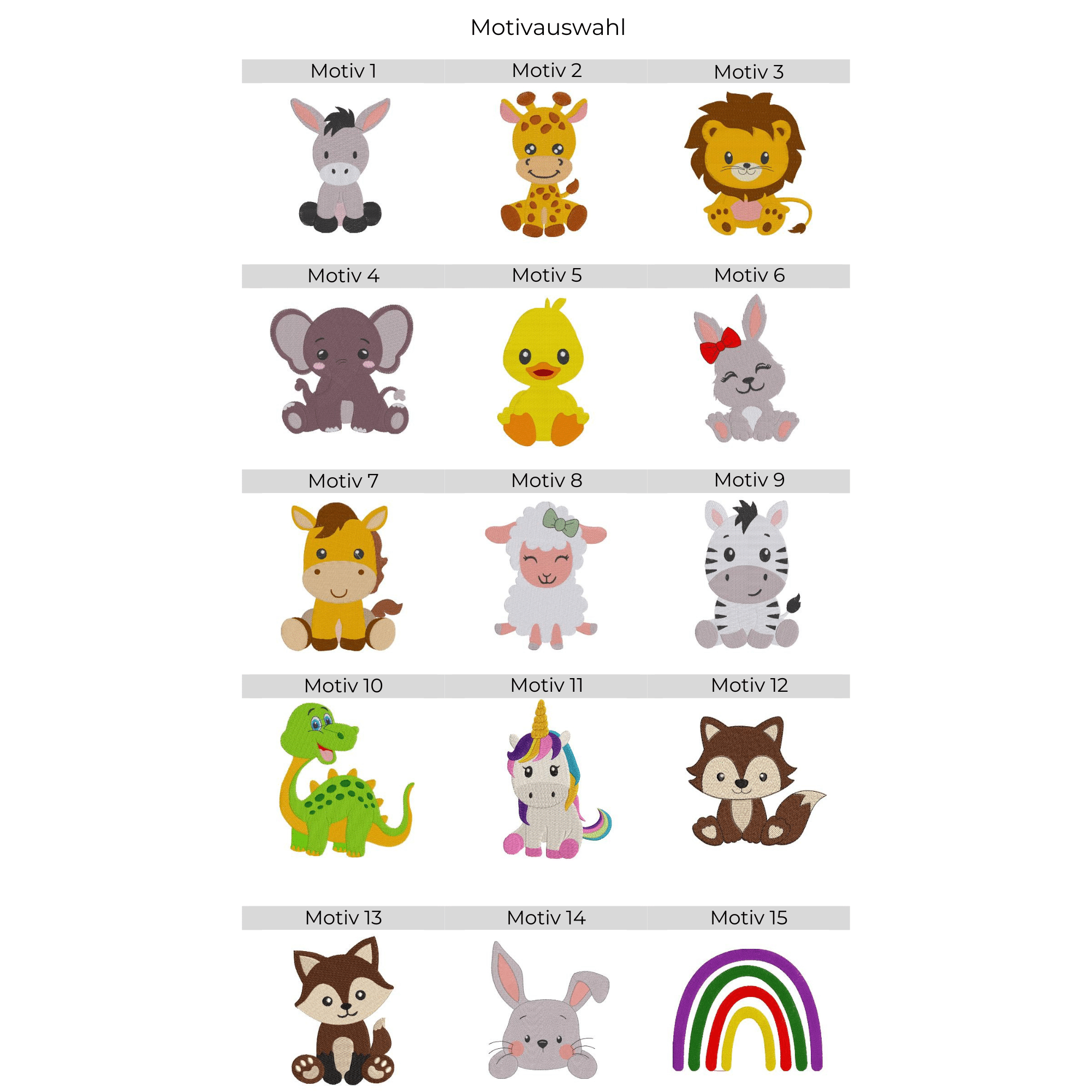 Übersicht mit 15 Stickmotiven für personalisierte und bestickte Baby Lätzchen, darunter Tiere wie Esel, Giraffe, Löwe, Elefant, Küken, Hase, Pferd, Schaf, Zebra, Dinosaurier, Einhorn, Fuchs und Regenbogen