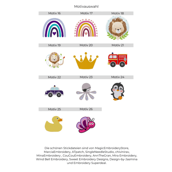 Übersicht mit 11 Stickmotiven für personalisierte und bestickte Baby Lätzchen, darunter bunte Regenbögen, Löwen, Krone, Feuerwehrauto, Polizeiauto, Oktopus, Pinguin, Ente und Schmetterling
