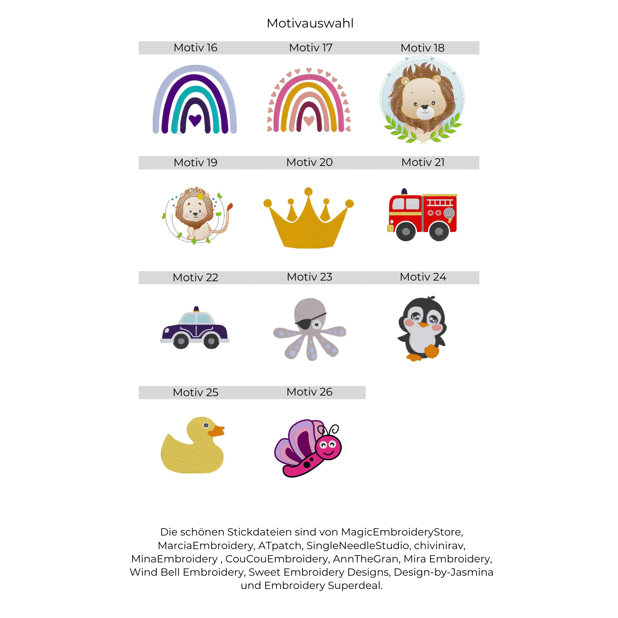 Übersicht mit 11 Stickmotiven für personalisierte und bestickte Baby Lätzchen, darunter bunte Regenbögen, Löwen, Krone, Feuerwehrauto, Polizeiauto, Oktopus, Pinguin, Ente und Schmetterling