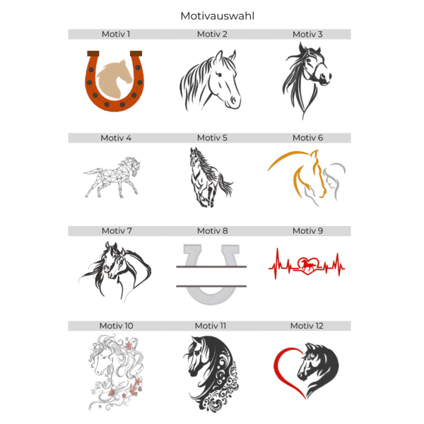 Übersicht aller Stickmotive für Equidenpasshülle aus Filz
