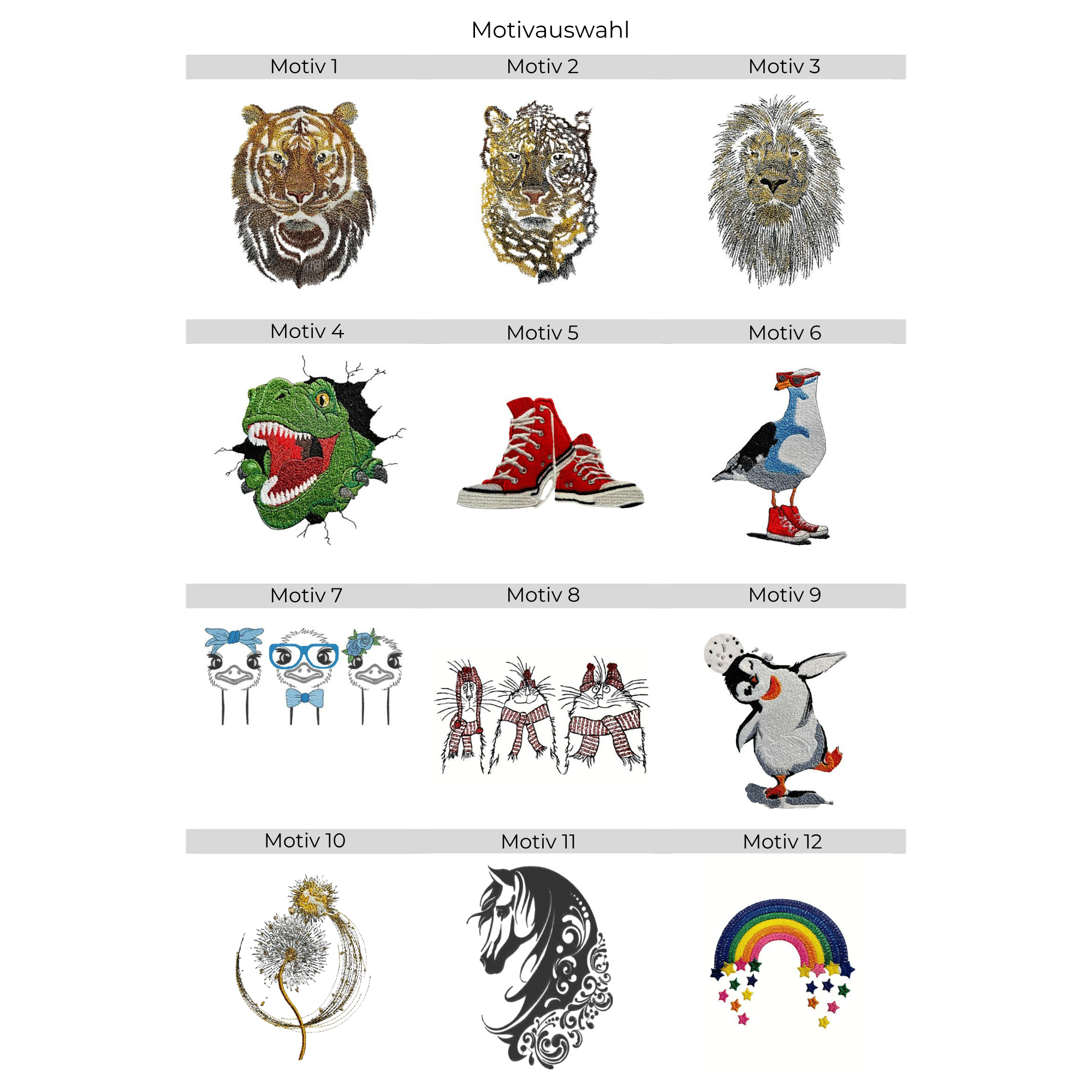 Motivübersicht mit 12 Stickmotiven für eine personalisierte Zeugnismappe aus Filz