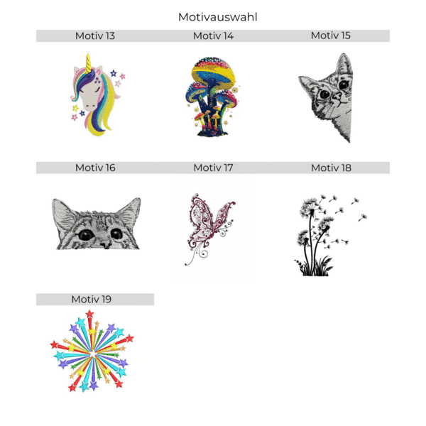 Motivübersicht mit 7 Stickmotiven für eine personalisierte Zeugnismappe aus Filz