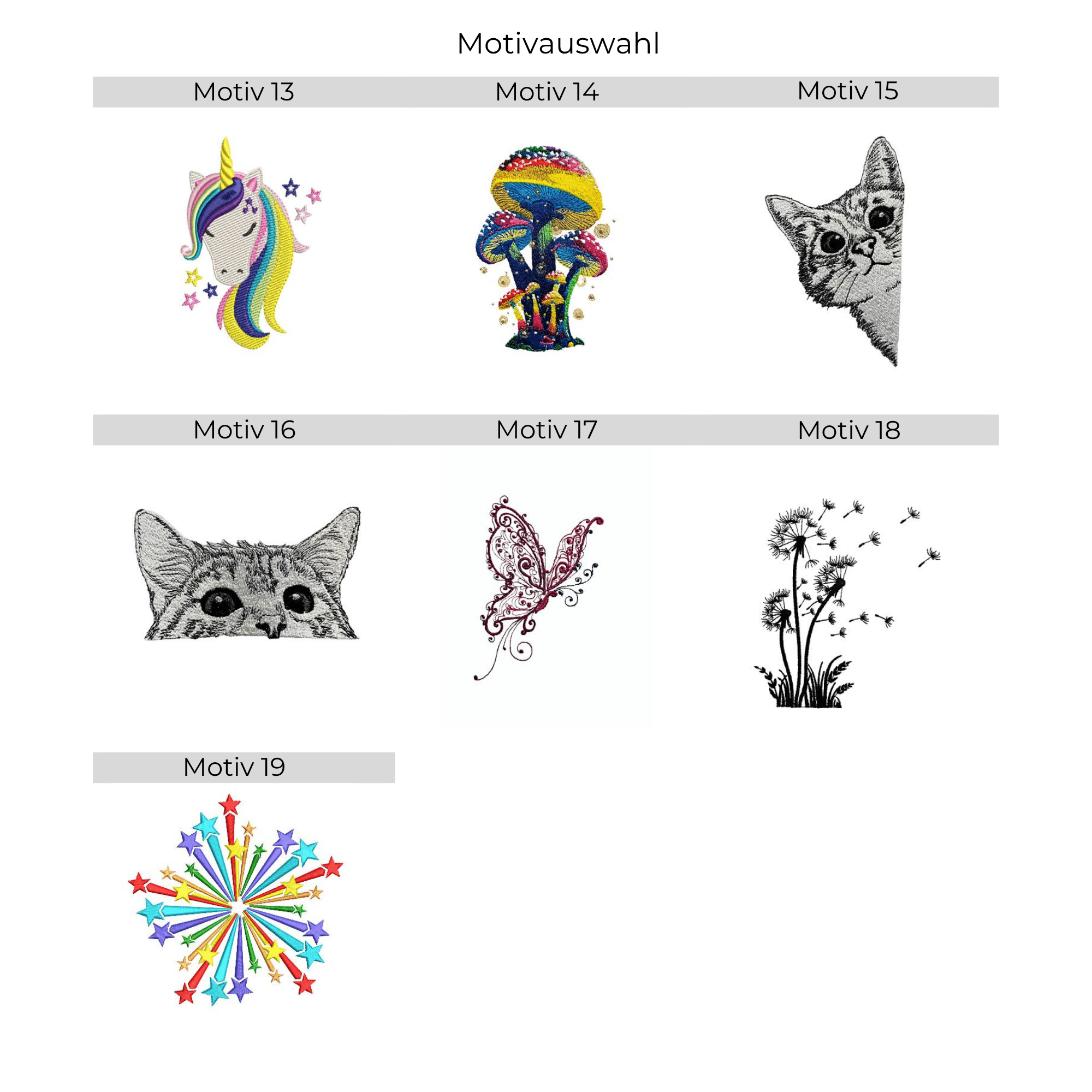 Motivübersicht mit 7 Stickmotiven für eine personalisierte Zeugnismappe aus Filz