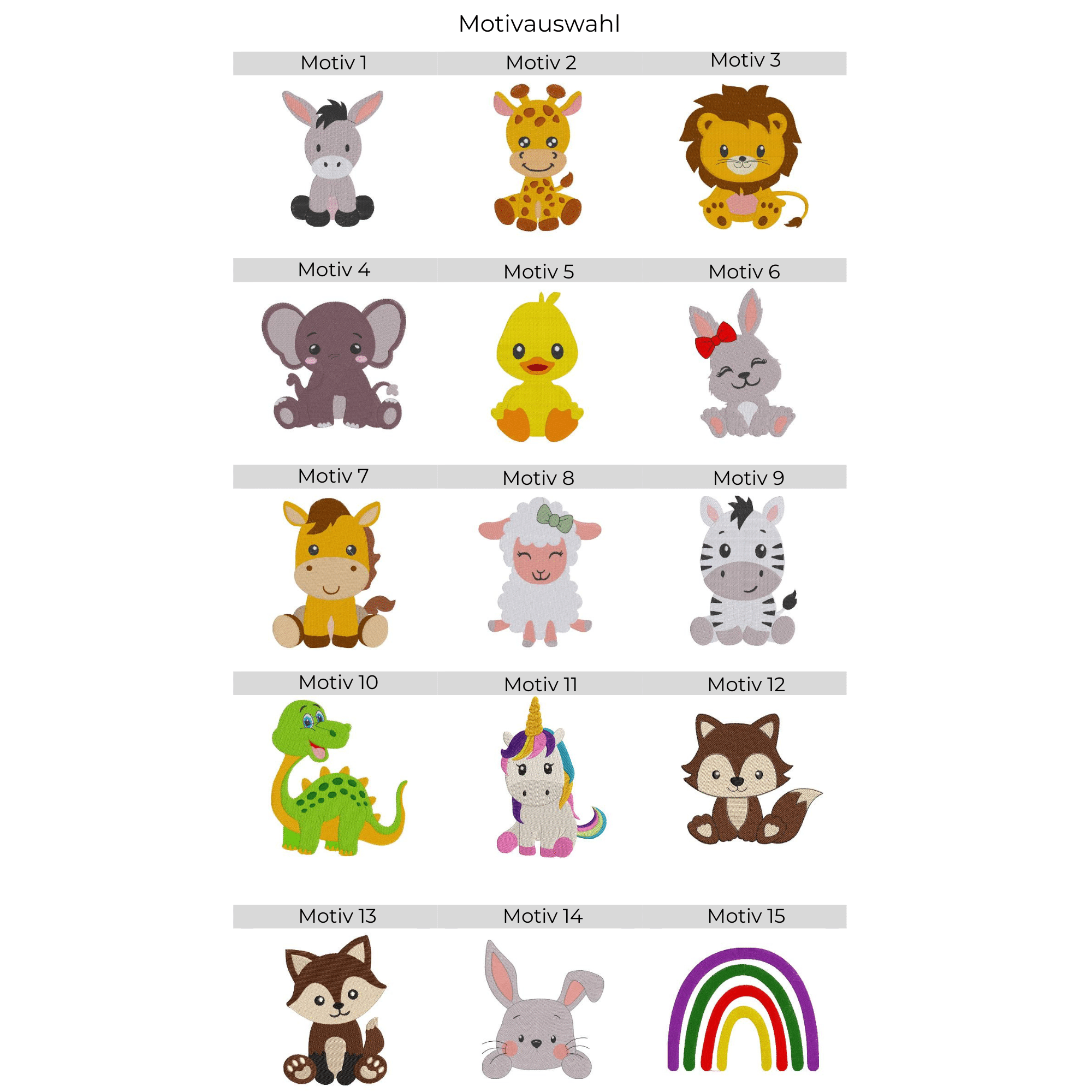 Motivübersicht für personalisierten und bestickten Bio-Turnbeutel für Kinder – niedliche Stickmotive von Tieren, Regenbögen und Fantasiefiguren zur individuellen Gestaltung.