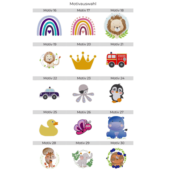 Motivübersicht für personalisierten und bestickten Bio-Turnbeutel für Kinder – detailreiche Stickmotive wie Fahrzeuge, Tiere und Symbole für einzigartige Designs.