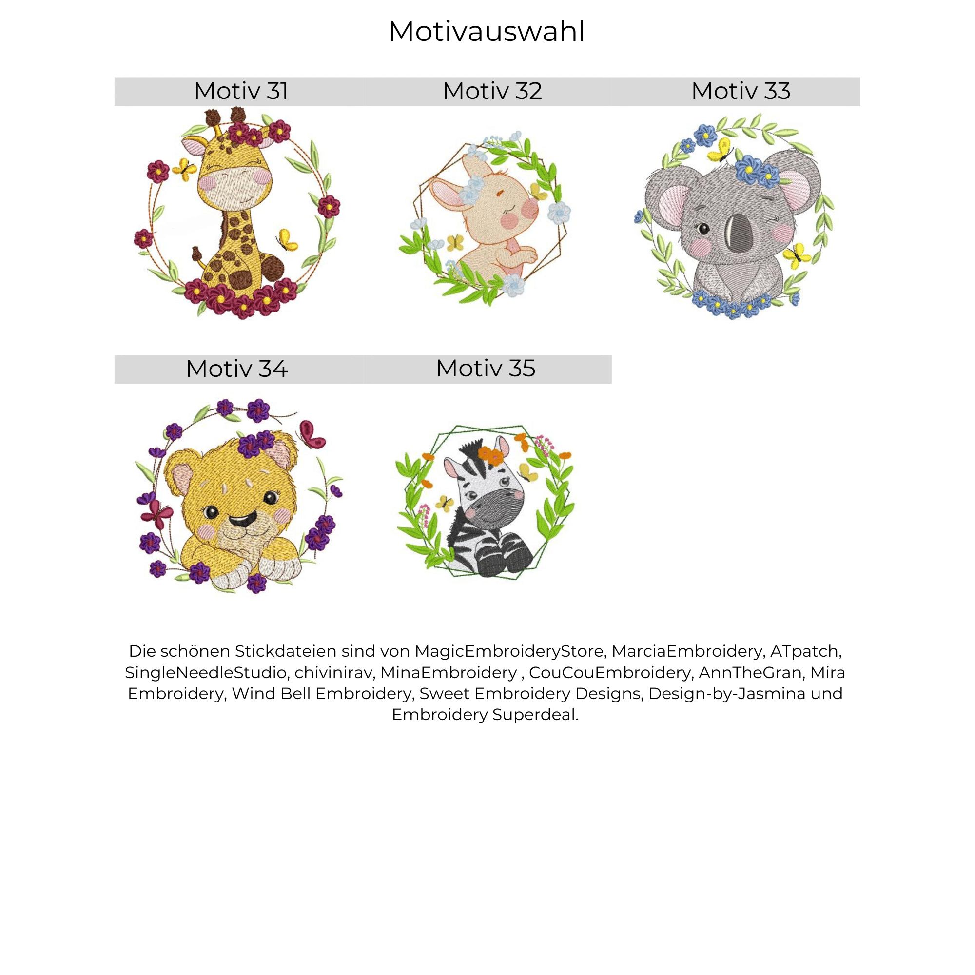 Motivübersicht für personalisierten und bestickten Bio-Turnbeutel für Kinder – florale Tiermotive mit verspielten Details für einen besonderen Look.