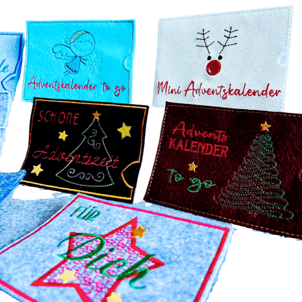 Adventskalender to go Hülle mit Engel- und Rentierstickerei