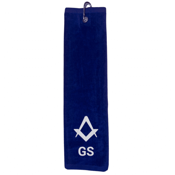 Freimaurer Golfhandtuch bestickt mit Motiv und Name – GS und Zirkel und Winkelmaß in weiß-