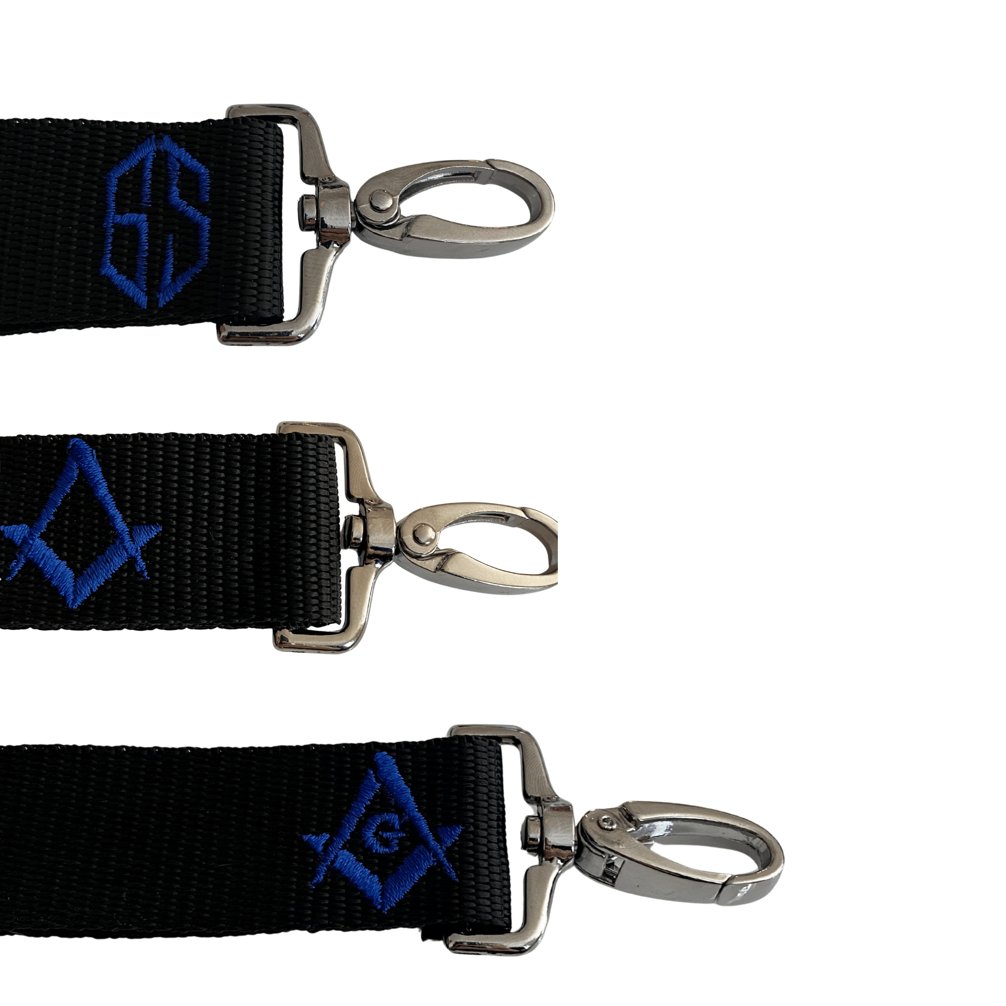 Freimaurer Schurzverlängerung mit blauen bestickten Freimaurer-Symbolen auf schwarzem Gurtband.