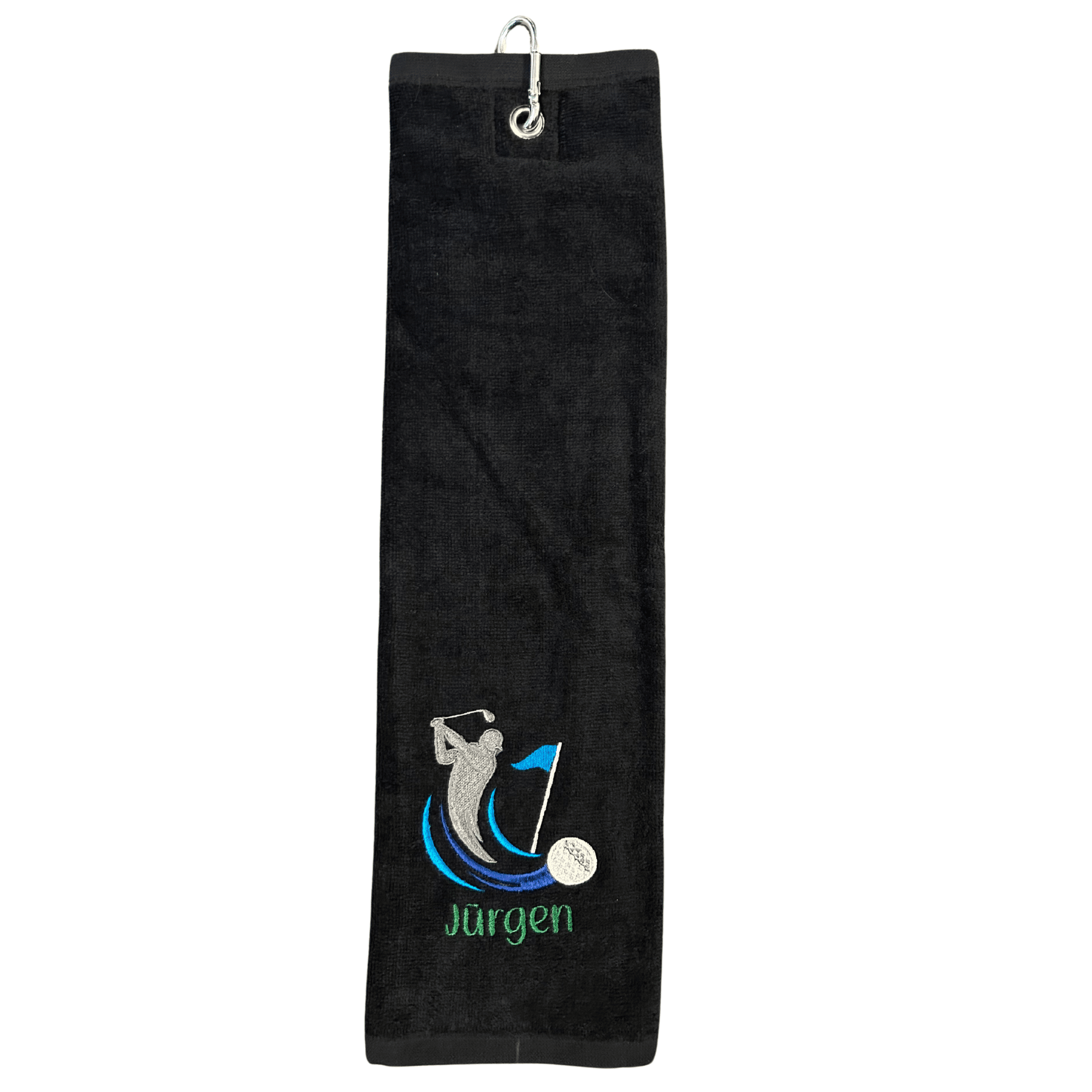 Golfhandtuch bestickt mit Name und Motiv – schwarzes Handtuch mit Golfer, Flagge und Name Jürgen