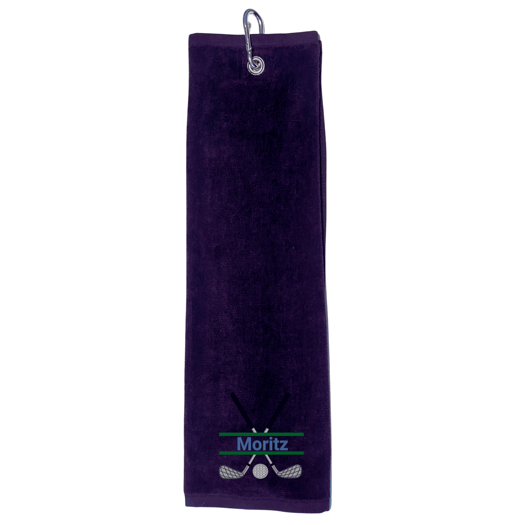 Blaues Golfhandtuch mit Split-Motiv und Name in Türkis – personalisiertes Golferhandtuch mit edler Stickerei