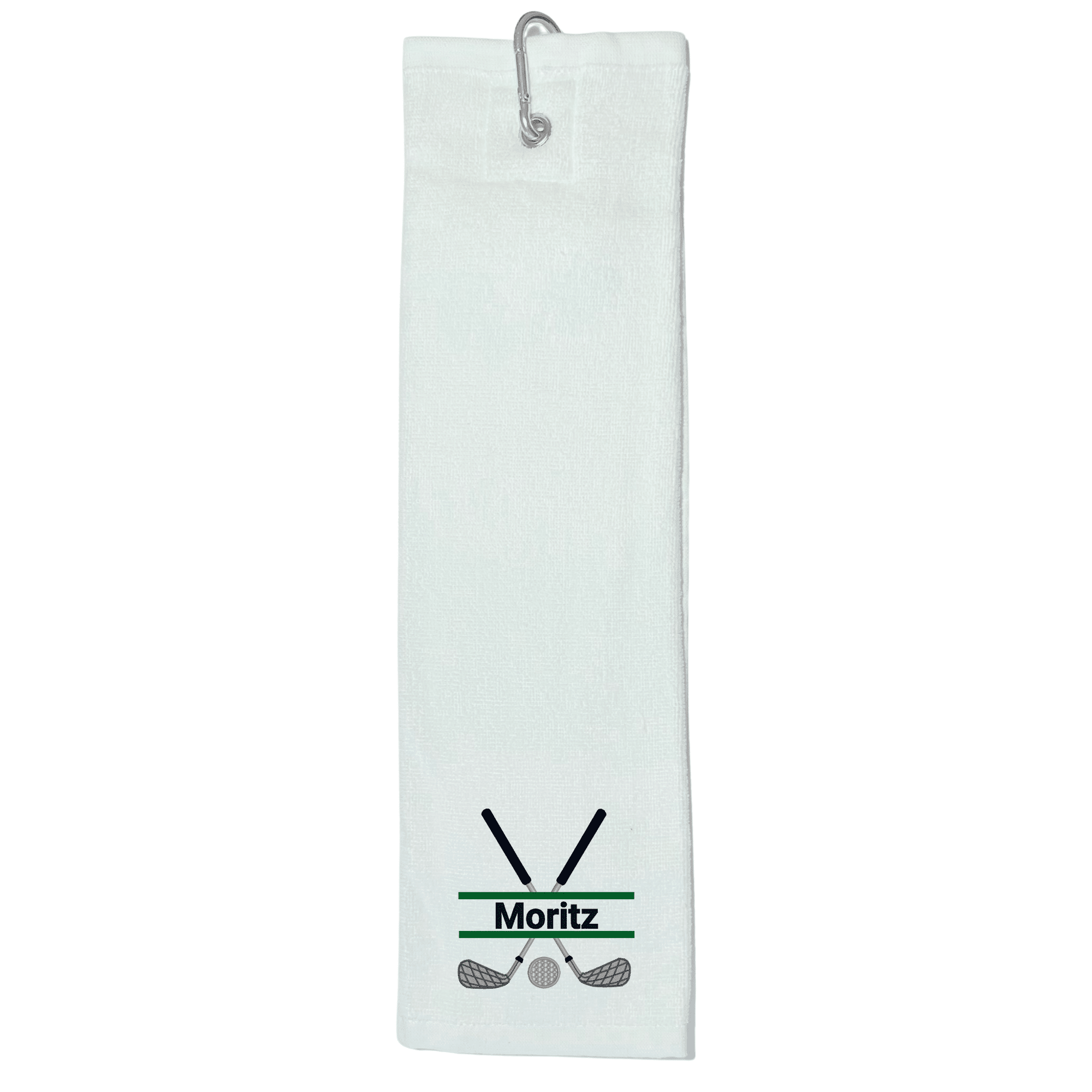 Golfhandtuch mit Split-Motiv und Name in Weiß – personalisiertes Handtuch mit hochwertiger Stickerei für Golfspieler