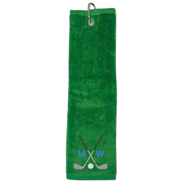 Golfhandtuch mit Motiv und Monogramm in Grün, bestickt mit Golfschlägern und Initialen MW