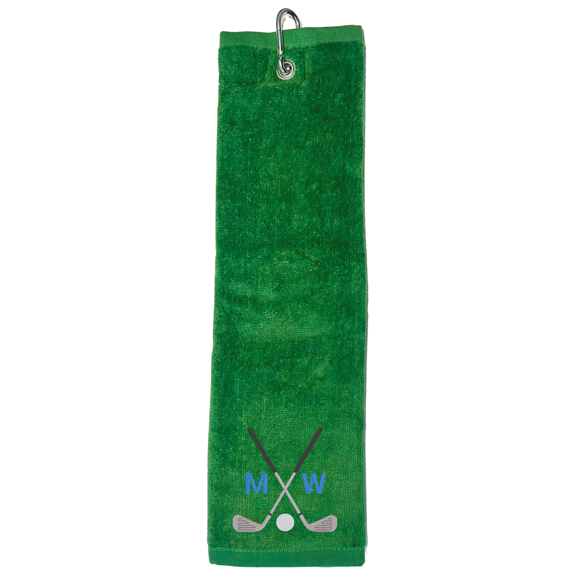 Golfhandtuch mit Motiv und Monogramm in Grün, bestickt mit Golfschlägern und Initialen MW