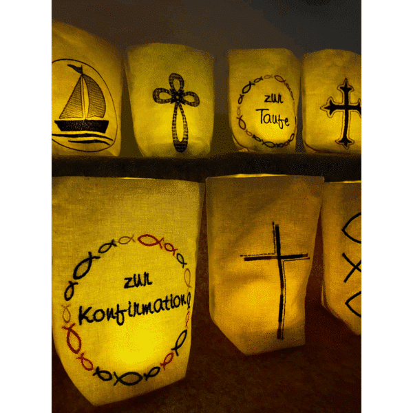 Lichtbeutel mit christlichen Motiven – Stickdesigns Kreuz und „zur Konfirmation“
