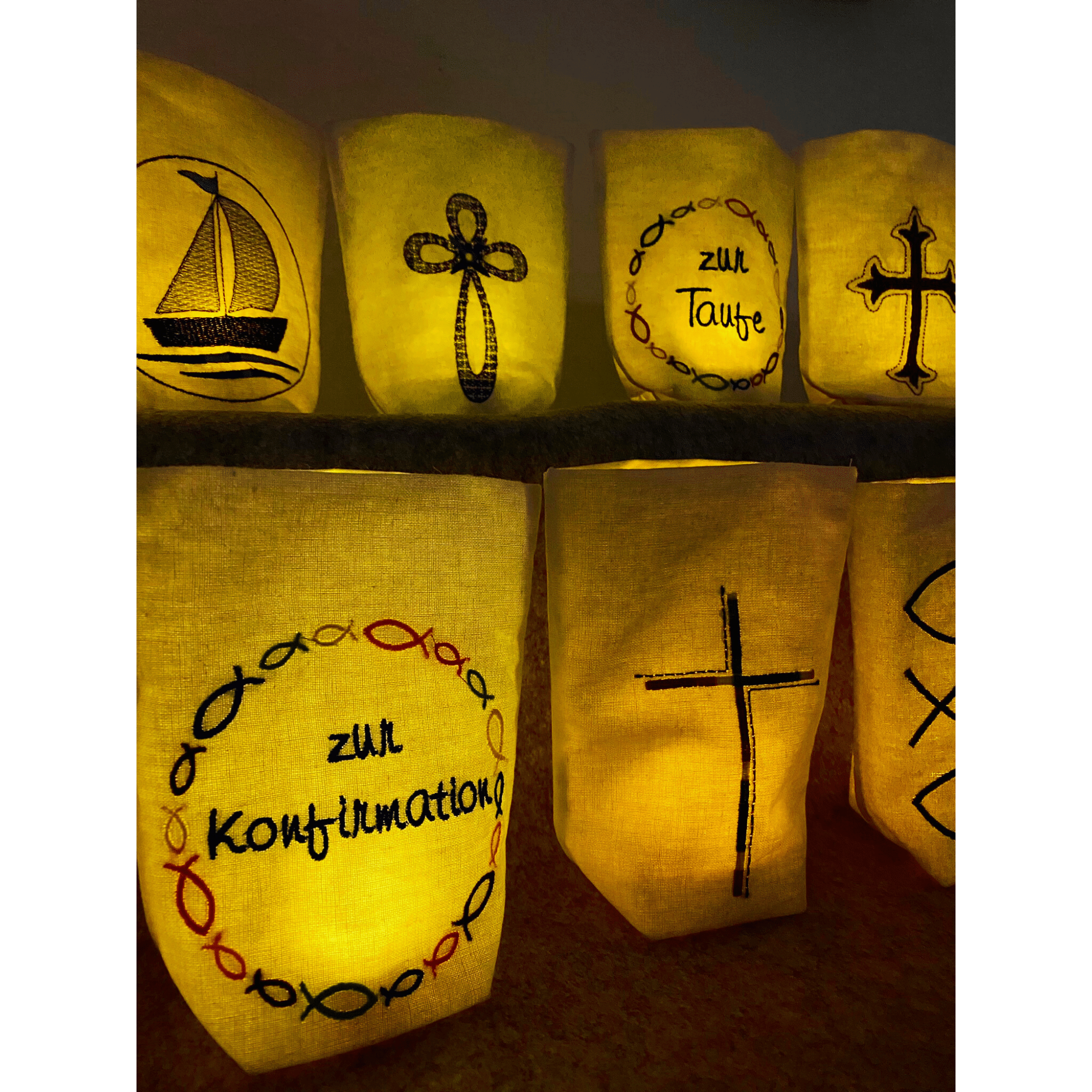 Lichtbeutel mit christlichen Motiven – Stickdesigns Kreuz und „zur Konfirmation“