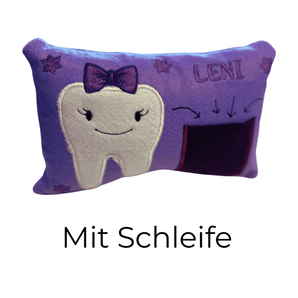 Milchzahnkissen aus Filz mit lila Schleife, Name Leni und passender Tasche für Milchzähne.