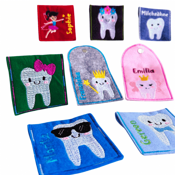 Milchzahntäschchen aus Filz in Nahaufnahme mit verschiedenen Farben und Stickmotiven