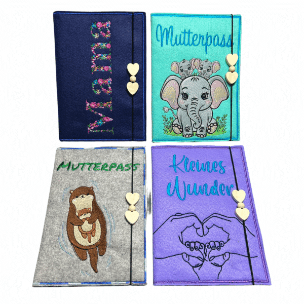 Personalisierte Mutterpasshülle aus Filz mit liebevollen Stickmotiven wie Elefant, Otter, Herzform-Hände und Mama-Schriftzug – Schutz und Erinnerung für werdende Mamas