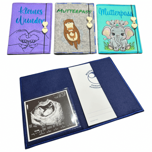 Personalisierte Mutterpasshülle aus Filz mit Ultraschallfach und verschiedenen liebevollen Stickmotiven zur Auswahl