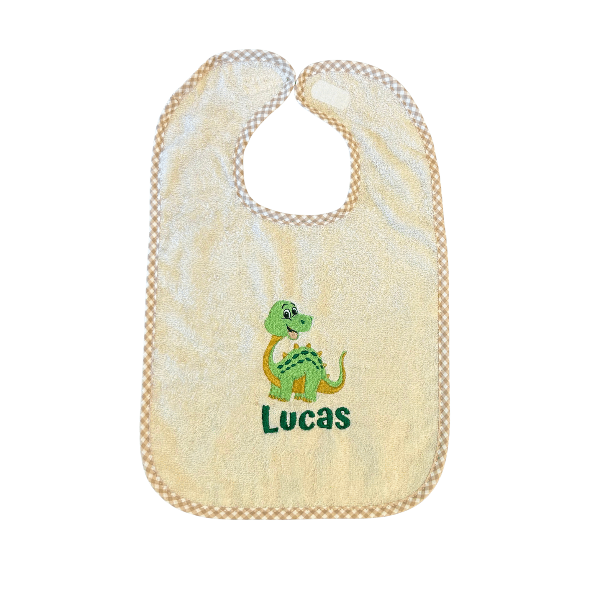 Personalisierte und bestickte Baby Lätzchen – beiges Lätzchen mit Dino-Motiv und Namen Lucas