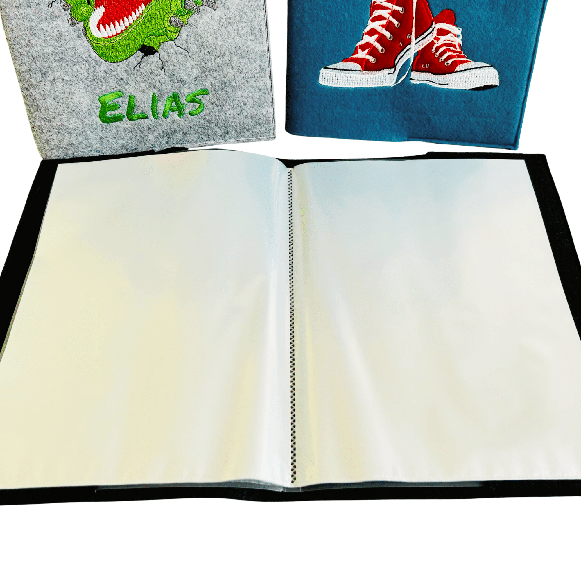 Personalisierte Zeugnismappe aus Filz mit transparenten Kunststoffhüllen zur Aufbewahrung von Zeugnissen