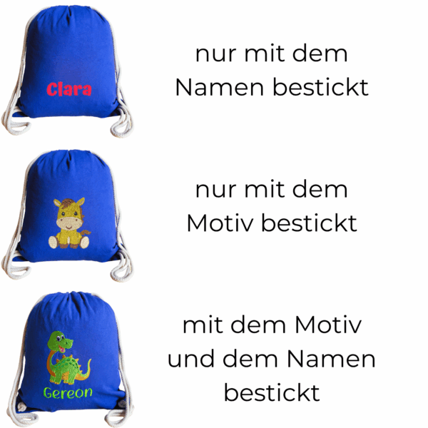 Personalisierter und bestickter Bio-Turnbeutel für Kinder – Auswahl nur Name, nur Motiv oder beides