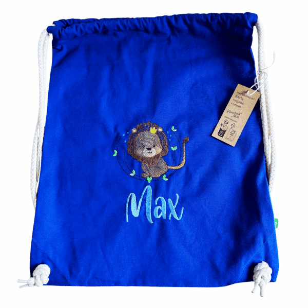 Personalisierter und bestickter Bio-Turnbeutel für Kinder in Blau mit Löwenmotiv und Name Max