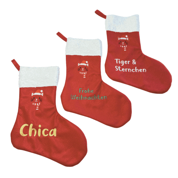 Personalisierter XXL-Adventsstiefel für Katzen im 3er-Set, mit niedlichem Katzenmotiv und individueller Namensstickerei