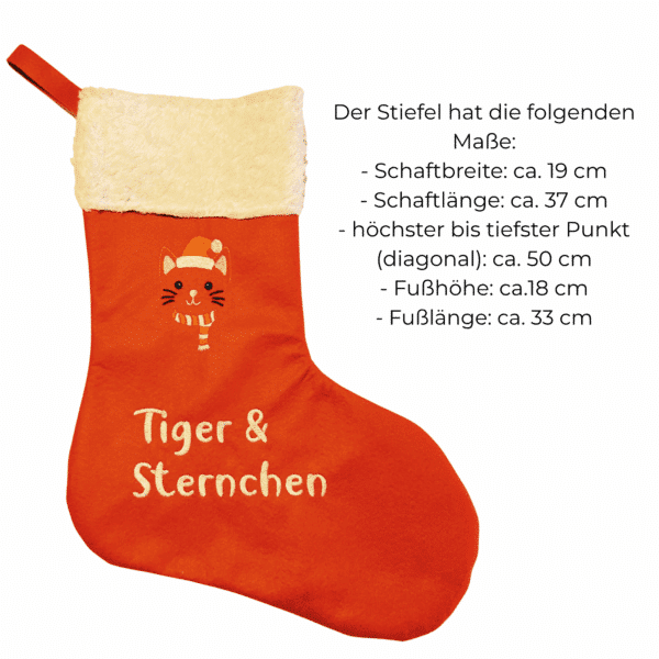 Personalisierter XXL-Adventsstiefel für Katzen mit Namen „Tiger & Sternchen“ und Maßangaben