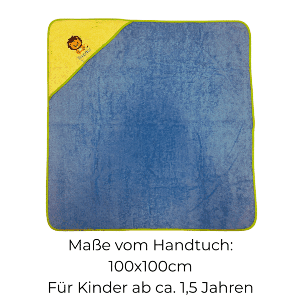 Personalisiertes besticktes Kapuzenhandtuch für Babys in Gelb und Blau mit Löwenmotiv und Namen Theodor, Größe 100x100 cm