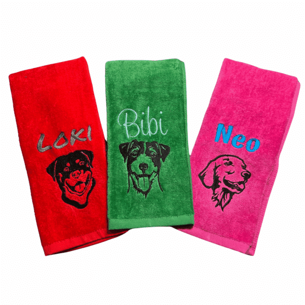 Pfotenhandtuch bestickt mit Hunderassenmotiv – Set aus drei Handtüchern mit verschiedenen Hunderassenmotiven und Namen