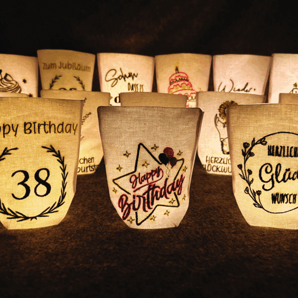 Lichtbeutel zum Geburtstag – Stickmotiv Happy Birthday Stern mit Ballons und Zahlendesign