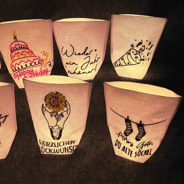 Lichtbeutel zum Geburtstag – Stickmotiv Geburtstagstorte, Sprüche, Glühbirne mit Blume und Party-Tröte