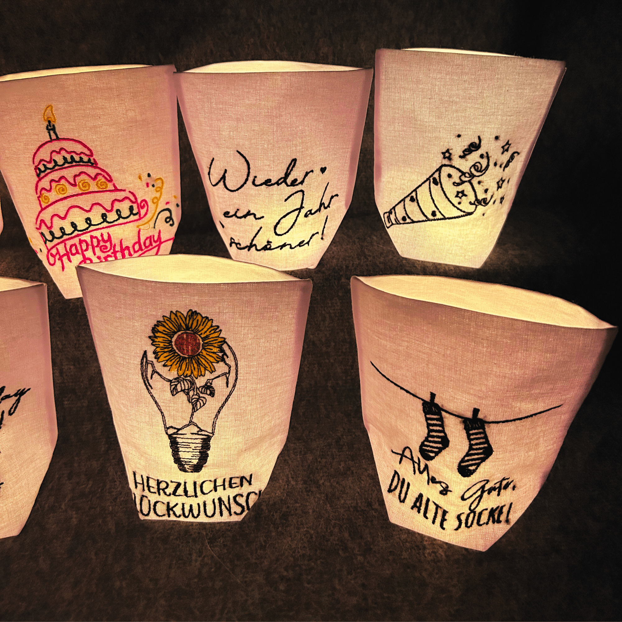 Lichtbeutel zum Geburtstag – Stickmotiv Geburtstagstorte, Sprüche, Glühbirne mit Blume und Party-Tröte