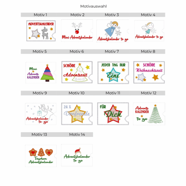 Stickmotiv Adventskalender to go Hülle – Übersicht aller 14 Motive zur Auswahl