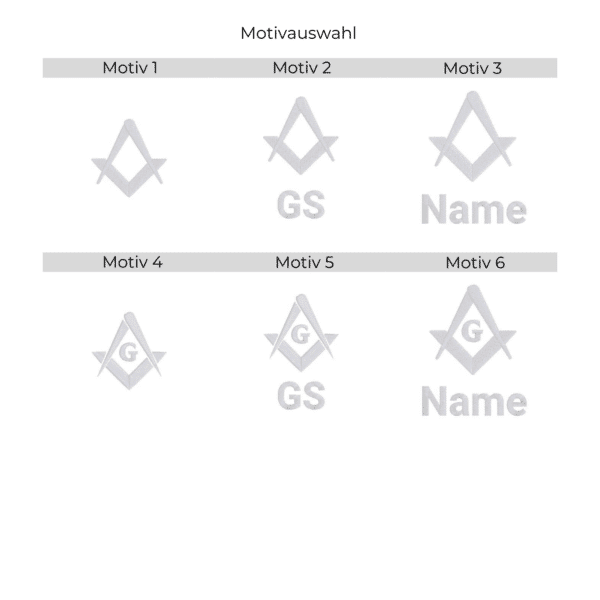 Übersicht Stickmotive für Freimaurer Golfhandtuch bestickt mit Motiv und Name