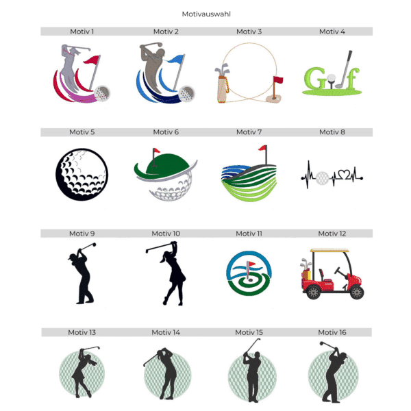 Stickmotiv Übersicht für Golfhandtuch bestickt mit Name und Motiv – 16 verschiedene Golfmotive zur Auswahl