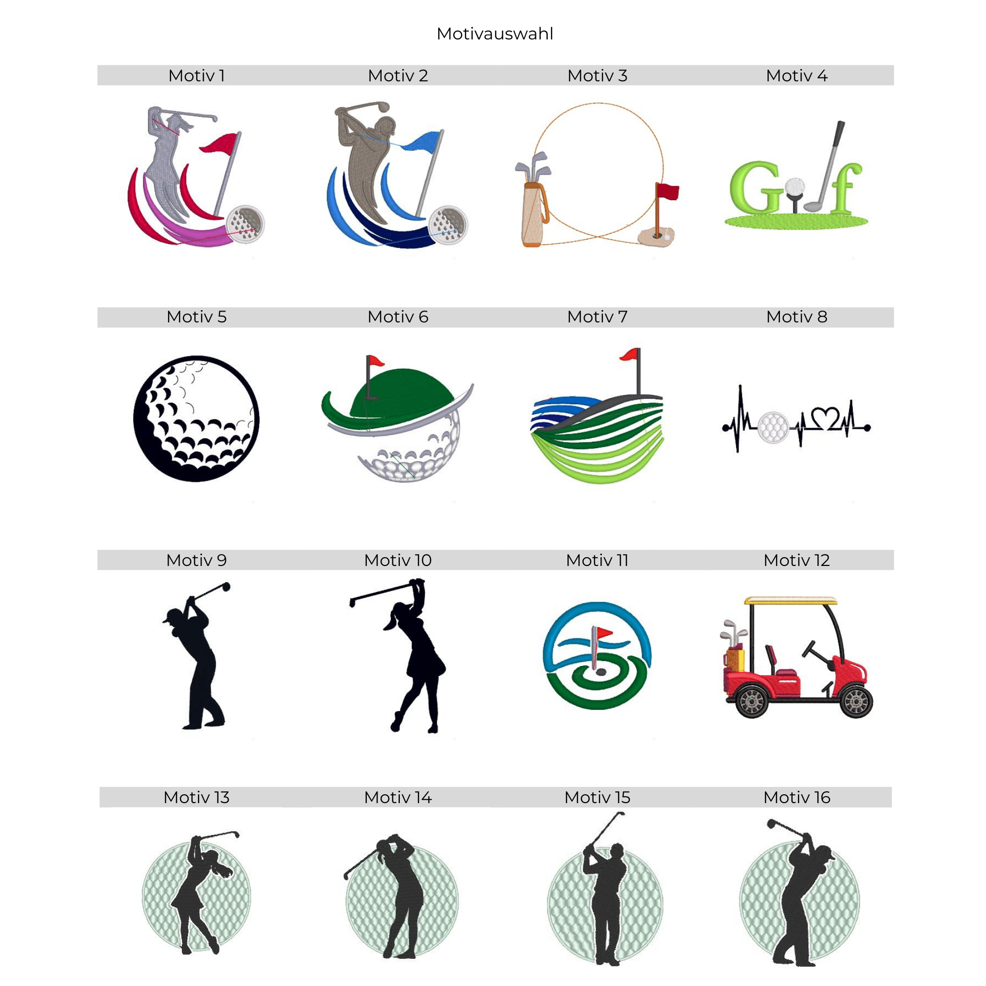 Stickmotiv Übersicht für Golfhandtuch bestickt mit Name und Motiv – 16 verschiedene Golfmotive zur Auswahl
