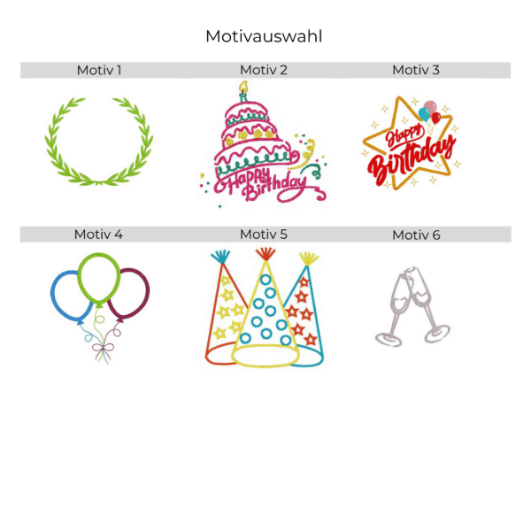 Stickmotiv Lampenschirm Weinglas Geburtstag – Übersicht mit sechs verschiedenen Geburtstagsmotiven zur Auswahl.