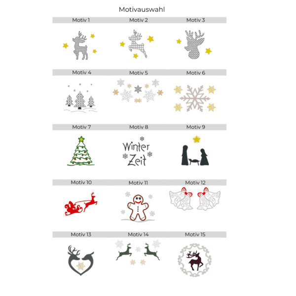 Übersicht aller Stickmotive für Lampenschirm Weinglas mit Weihnachtsmotiven – festliche Auswahl von Rentieren, Tannenbäumen, Schneeflocken und weiteren Weihnachtsdesigns.